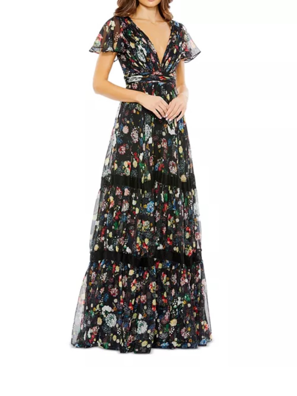 Mac Duggal Black Floral V-Neck Tiered Maxi Dress
